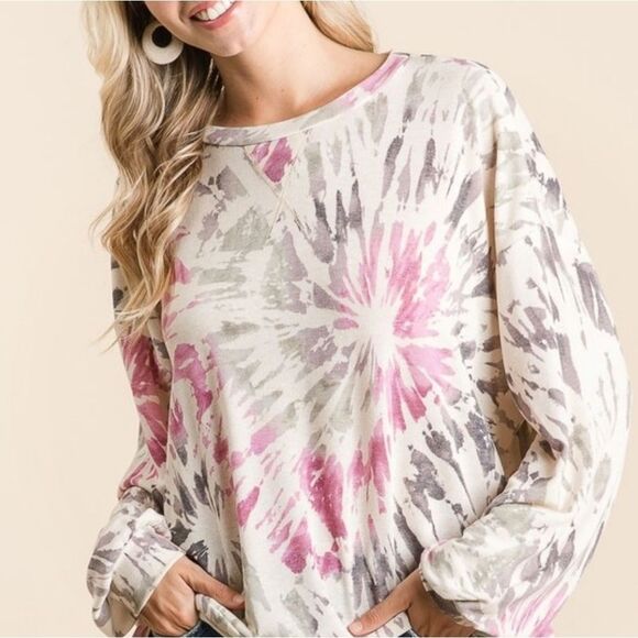BiBi Tie Dye Print Terry Pull Over Women's Tie-Dye Long Sleeve Top sz Large - Picture 6 of 9